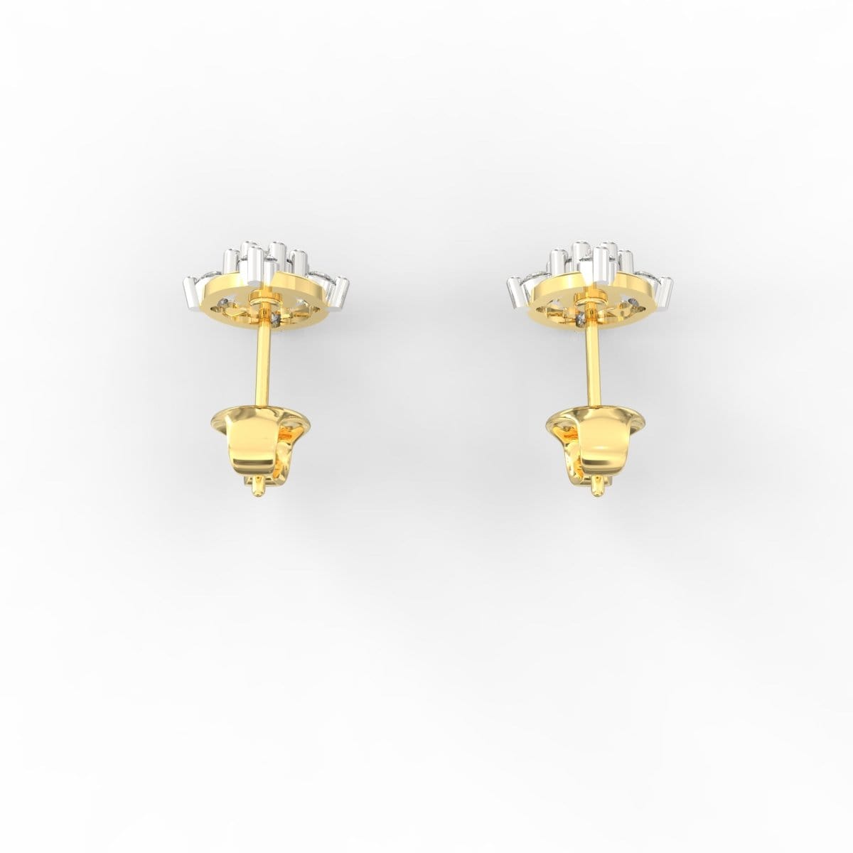 Top view of yellow gold stud earrings with lab grown diamonds designed for comfort and conscious luxury.

