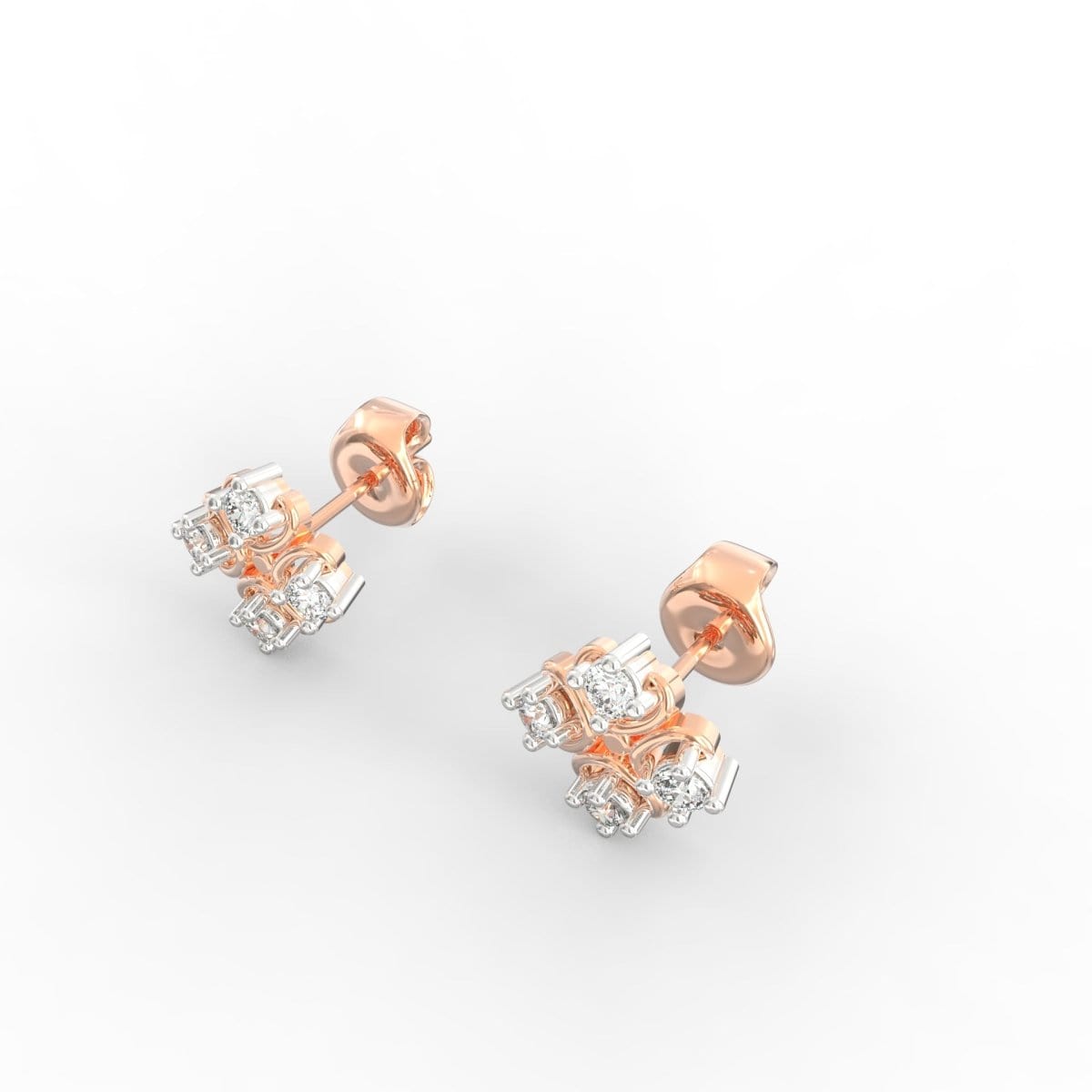 Angled view of round rose gold earrings featuring SGL certified lab grown diamonds.
