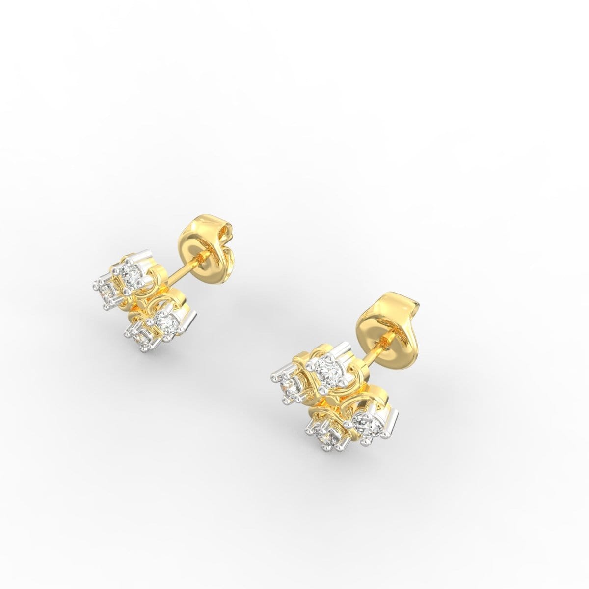Angled perspective of yellow gold lab grown diamond earrings in a minimal round design.
