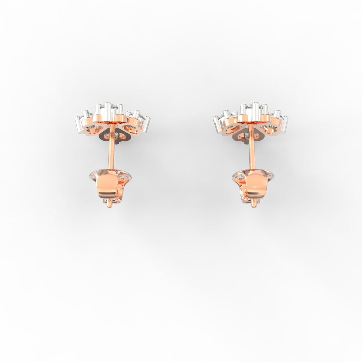Overhead shot of petite rose gold diamond earrings with minimalist round bezel setting.

