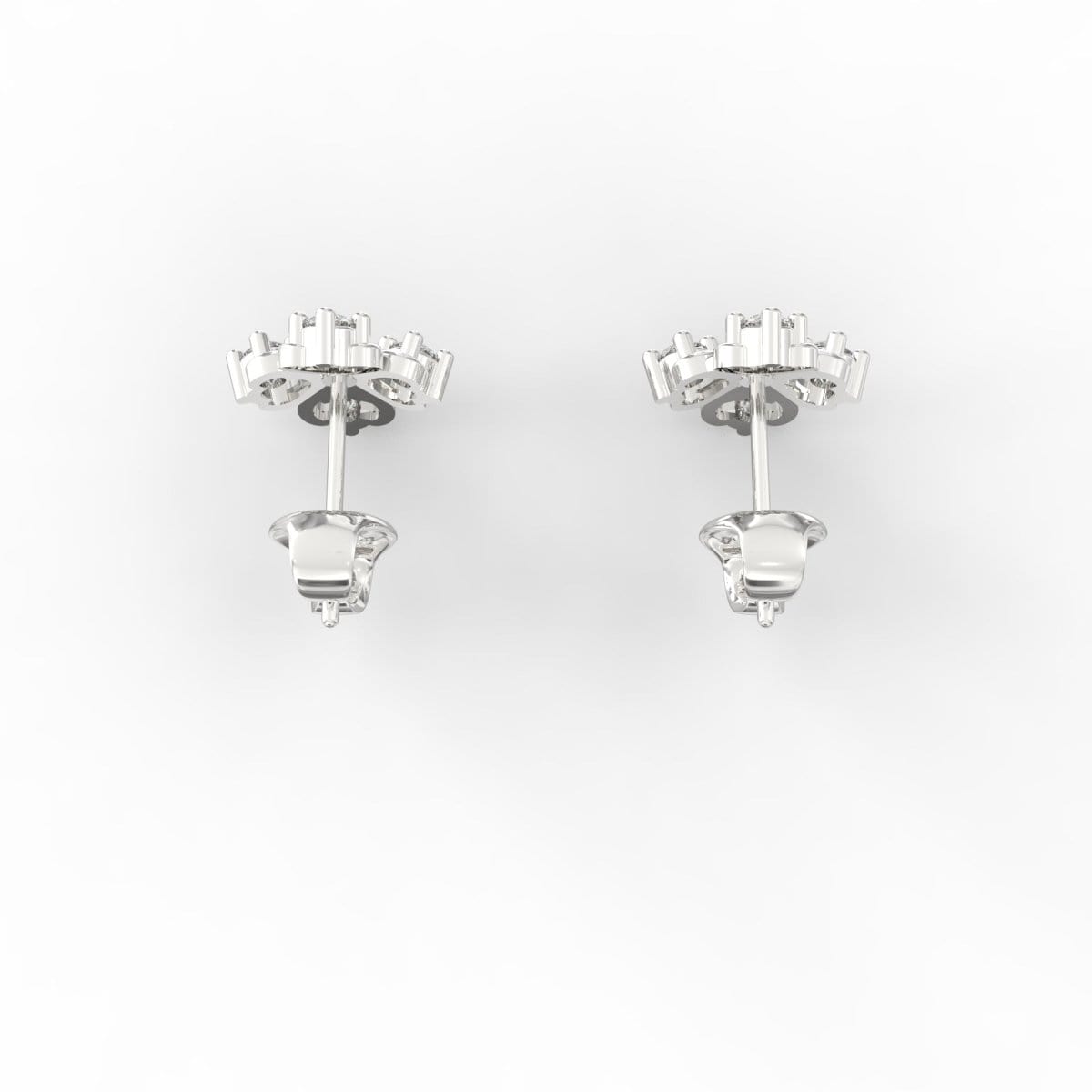 Top-down view of petite round white gold diamond studs made with SGL certified stones.

