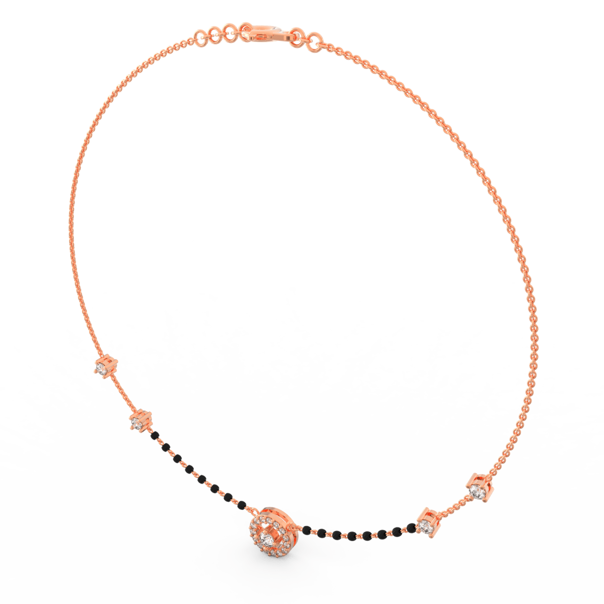 Angled view of rose gold mangalsutra with round cluster diamond centerpiece and polished rose gold chain.
