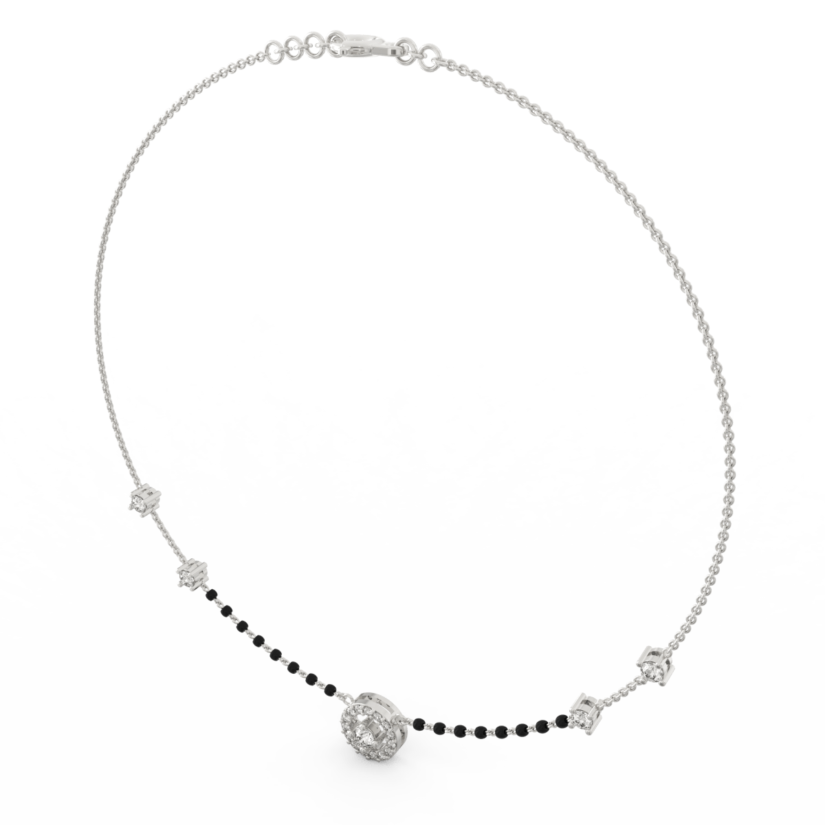 Angled view of white gold Halo mangalsutra showcasing polished round diamond cluster on sleek chain.
