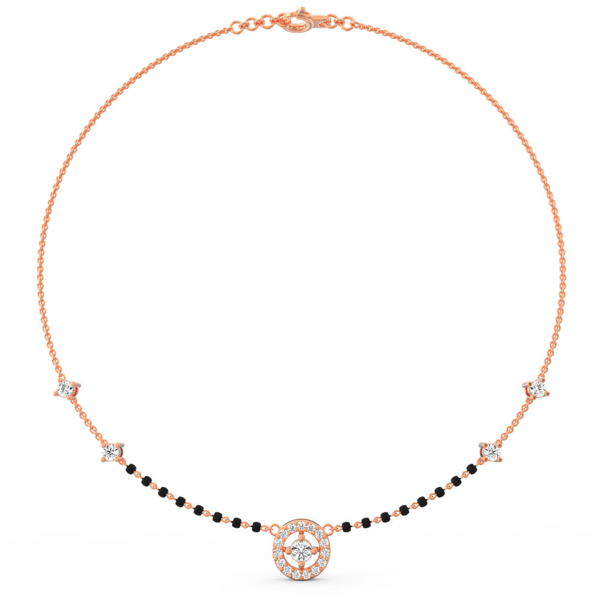 Top view of rose gold mangalsutra highlighting radiant diamond halo integrated into polished chain.
