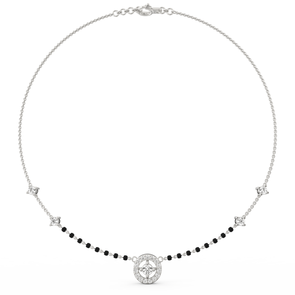 Top view of white gold mangalsutra showing integrated round lab grown diamond halo with modern silhouette.
