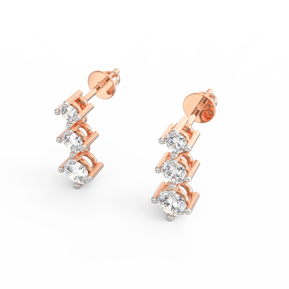 Angled view of rose gold cascading earrings featuring soft polished finish and elegant sparkle.

