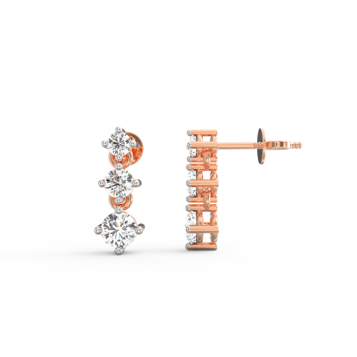 Side profile of rose gold layered drop earrings with secure hook clasp and light movement.
