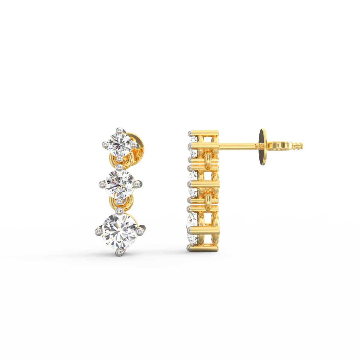 Side profile of yellow gold cascading diamond earrings with hook clasp and movement-friendly design.
