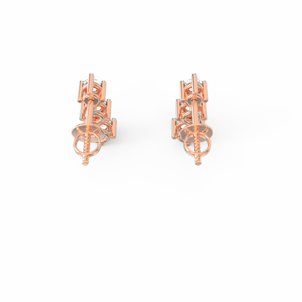 Top view of rose gold earrings highlighting tiered diamond setting with shimmering detail.
