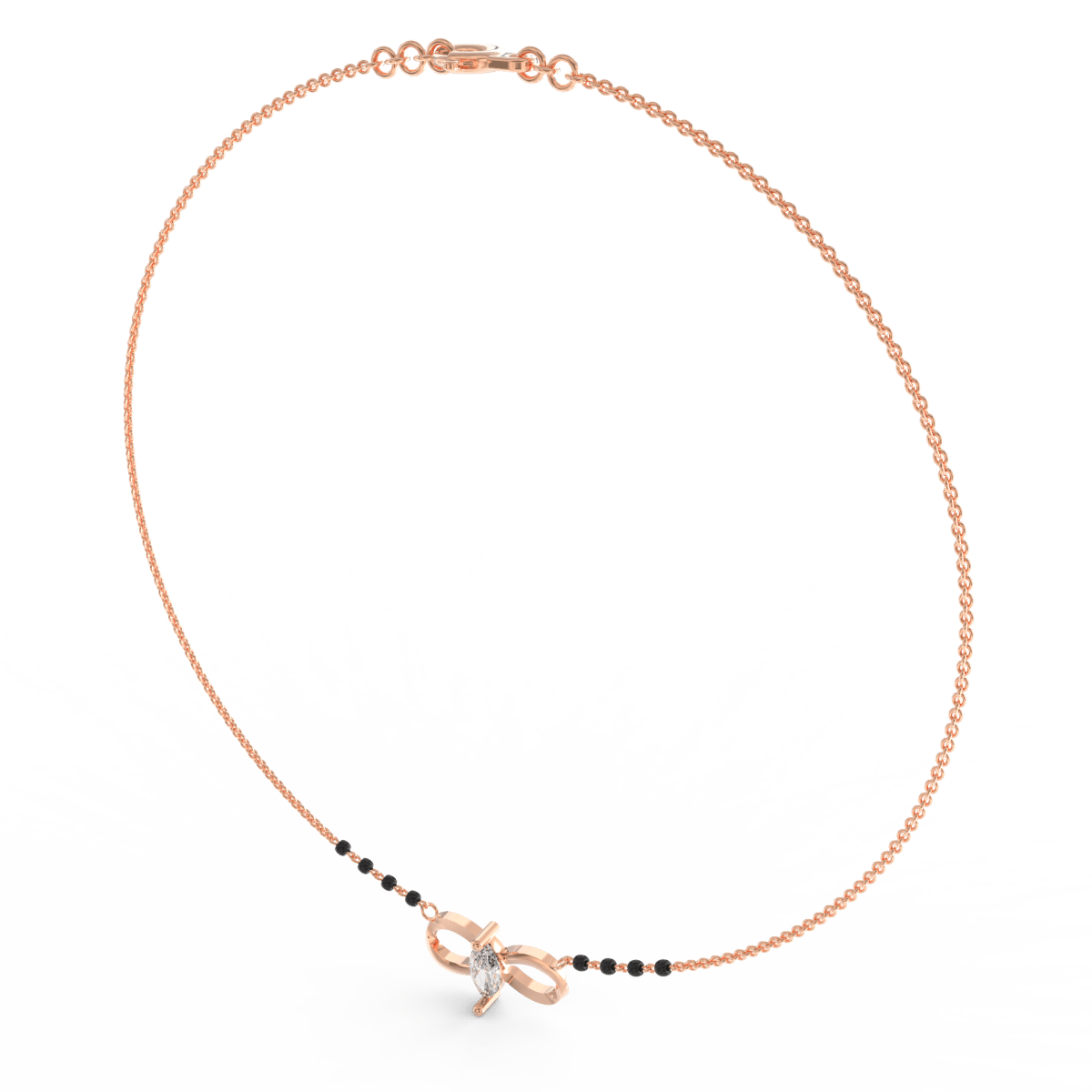 Angled view of rose gold Infinity Glow mangalsutra showcasing polished infinity motif and lab grown diamond setting.
