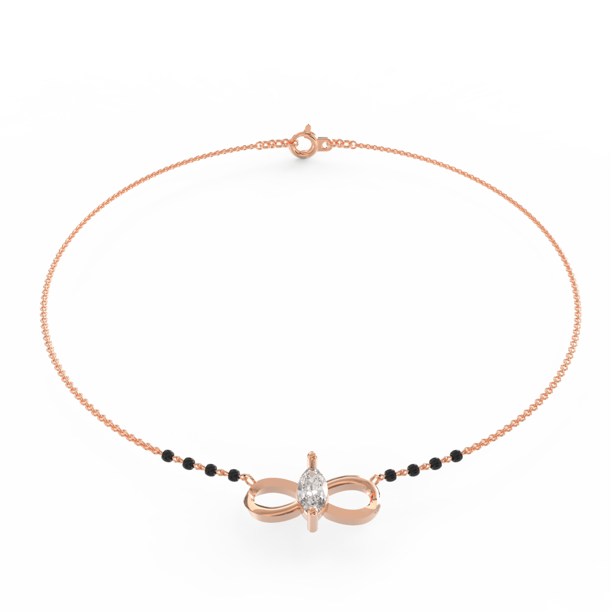 Side profile of rose gold mangalsutra with smooth infinity curve and BIS Hallmarked gold finish.
