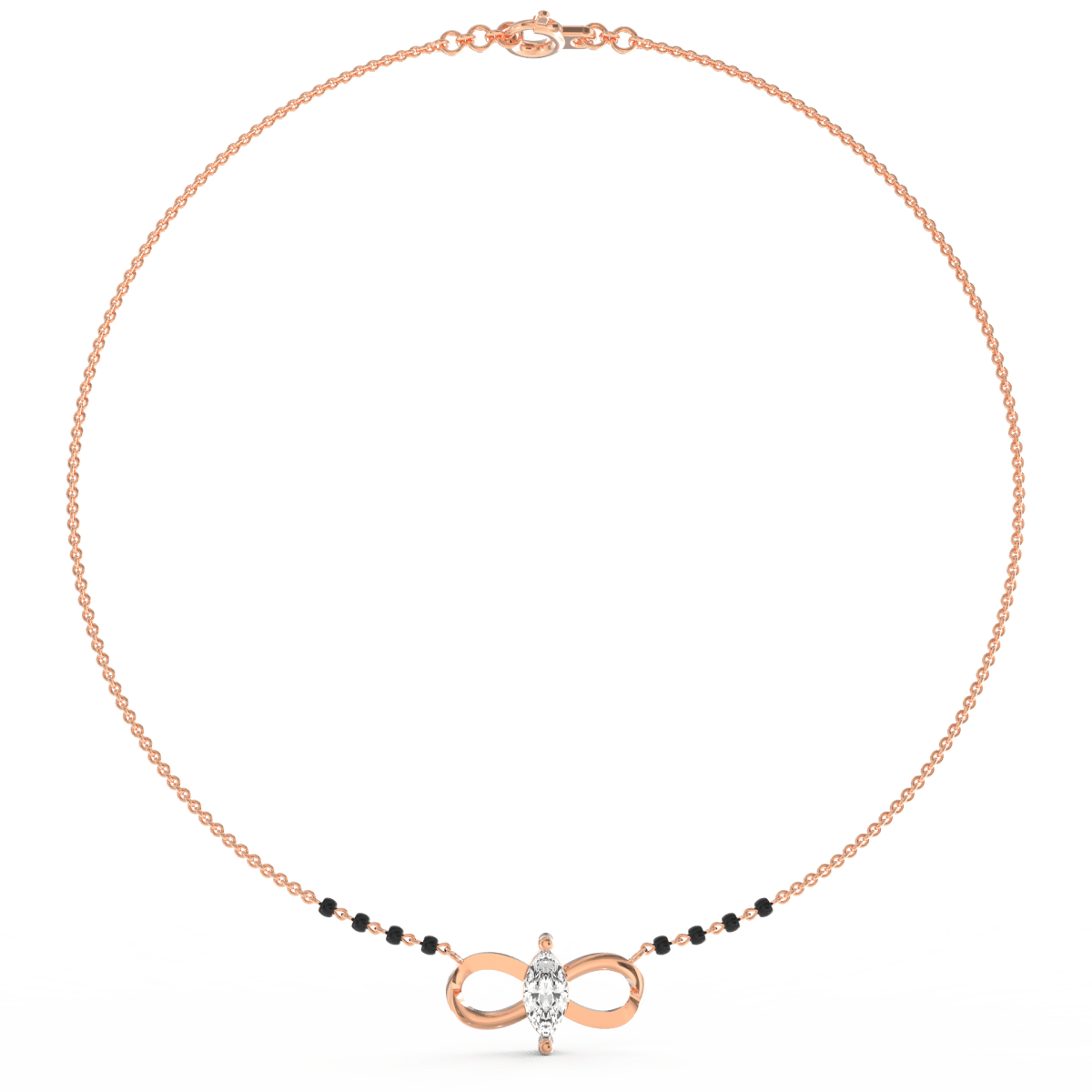 Top view of rose gold mangalsutra highlighting infinity diamond arrangement with clean polish.

