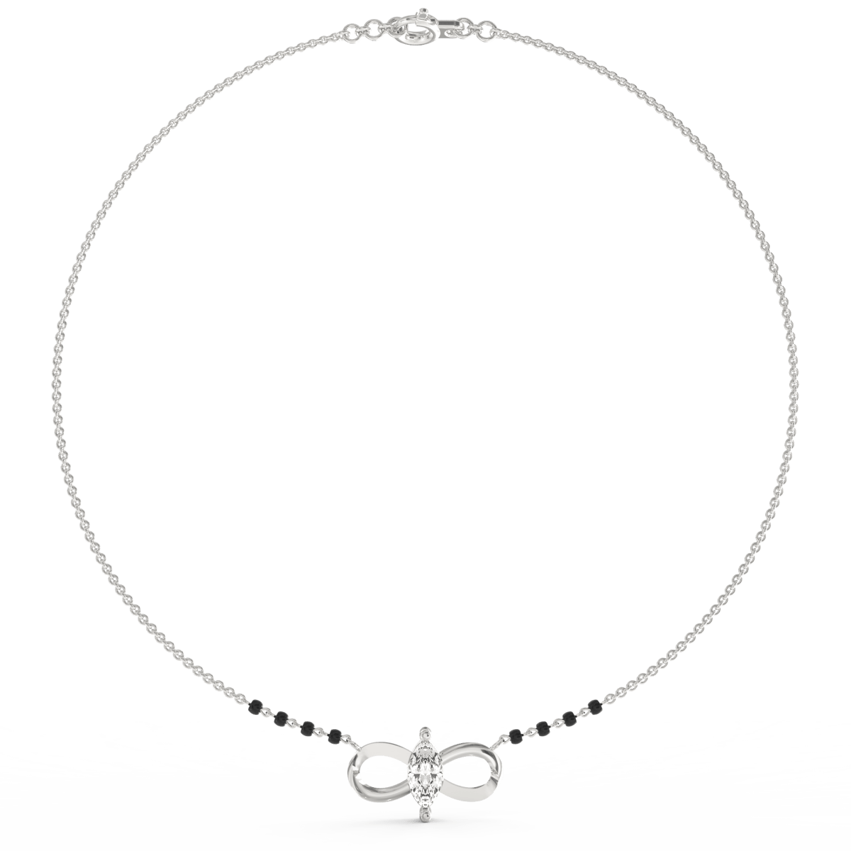 Top view of white gold mangalsutra highlighting diamond-studded infinity pattern with seamless finish.
