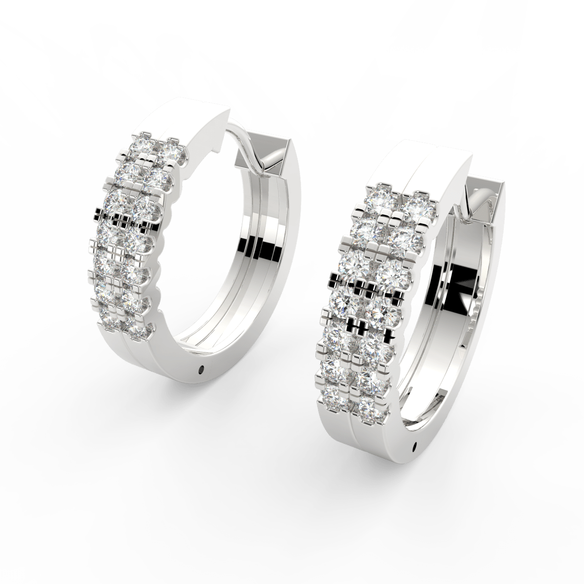 Angled view of white gold channel hoop earrings featuring brilliant lab grown diamonds and smooth polished surface.
