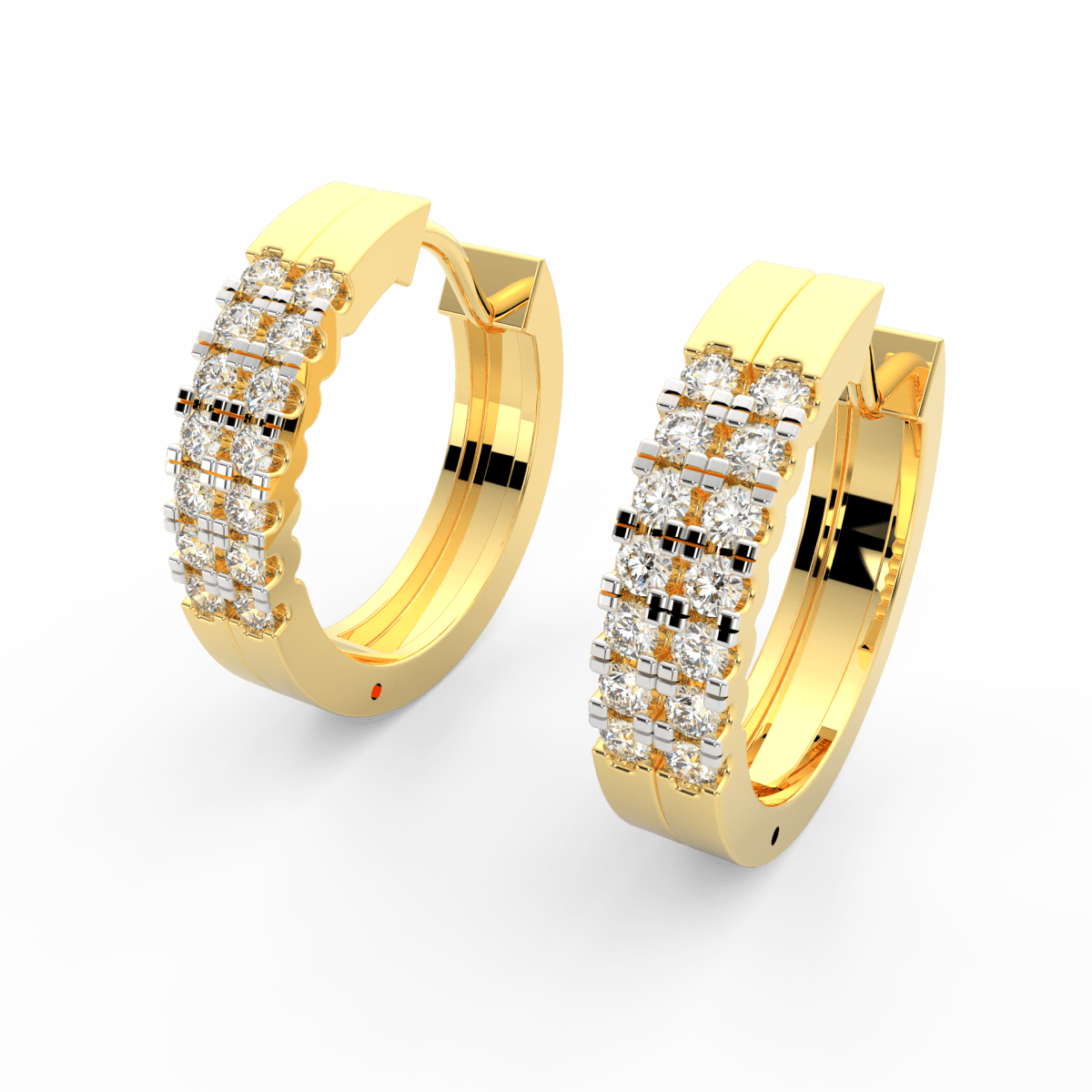 Angled view of yellow gold Lumière hoop earrings featuring channel set lab grown diamonds and smooth finish.
