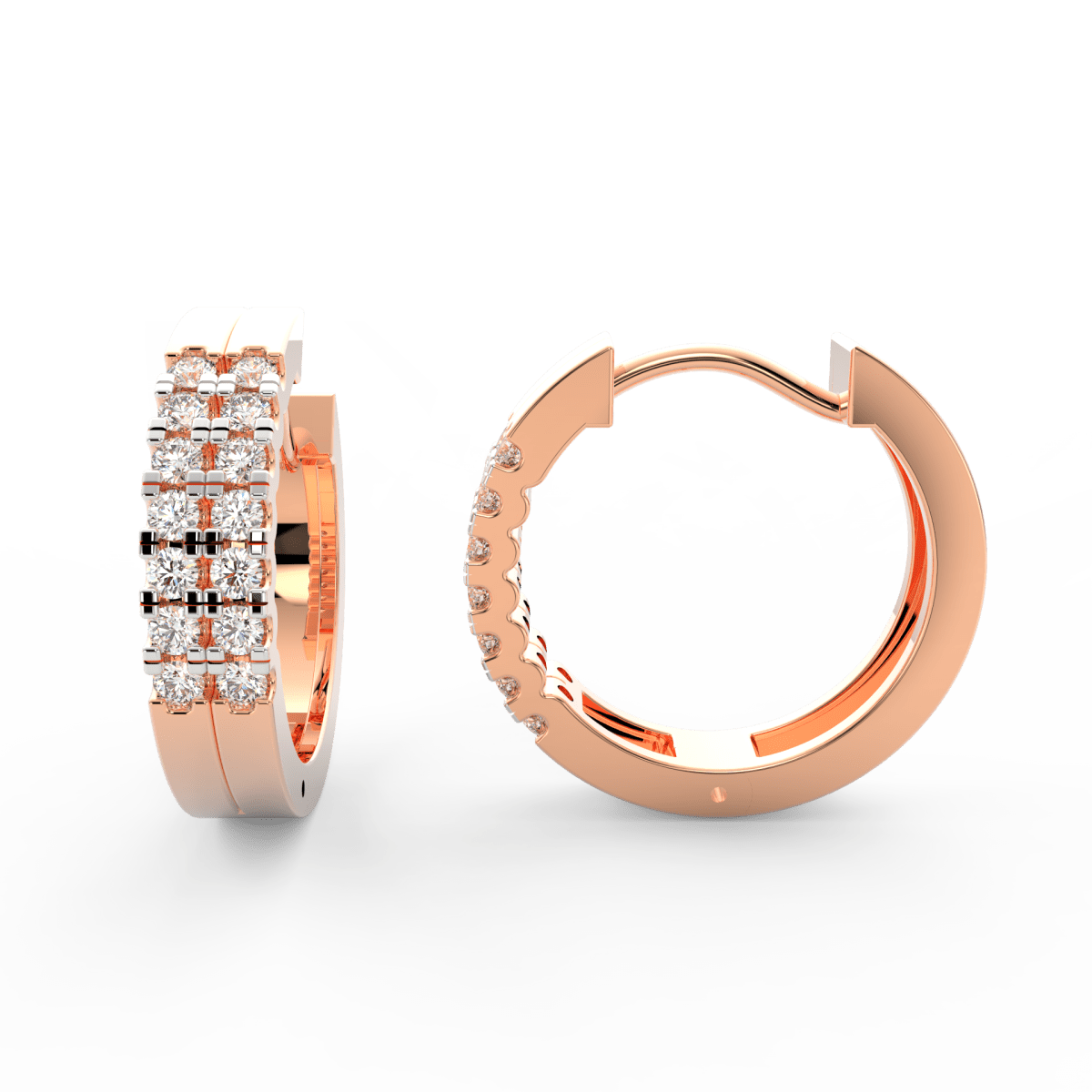 Side profile of rose gold diamond hoop earrings with secure clasp and oval design featuring lab grown diamonds.
