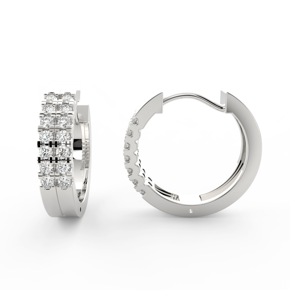 Side profile of white gold oval hoop earrings with secure push-back clasp and sparkling lab grown diamonds.
