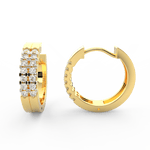 Side profile of yellow gold channel diamond hoops with secure push-back clasp and lightweight oval structure.
