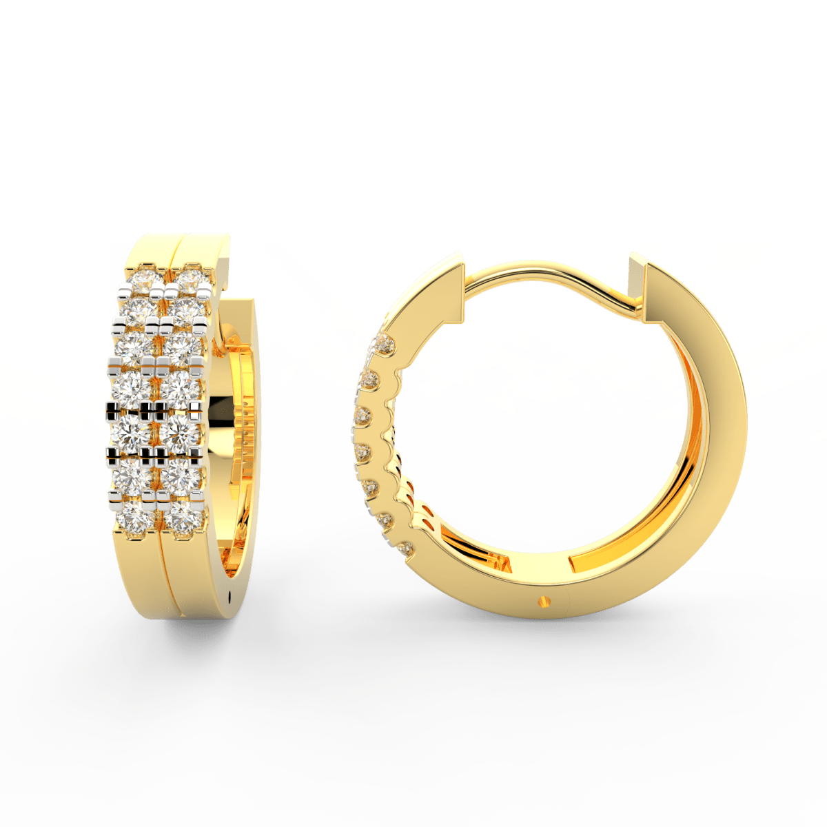 Side profile of yellow gold channel diamond hoops with secure push-back clasp and lightweight oval structure.
