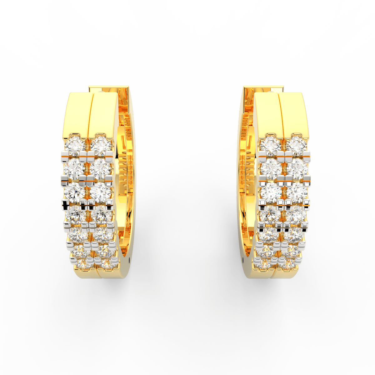 Top view of yellow gold hoop earrings showcasing neatly aligned lab grown diamonds in channel setting.
