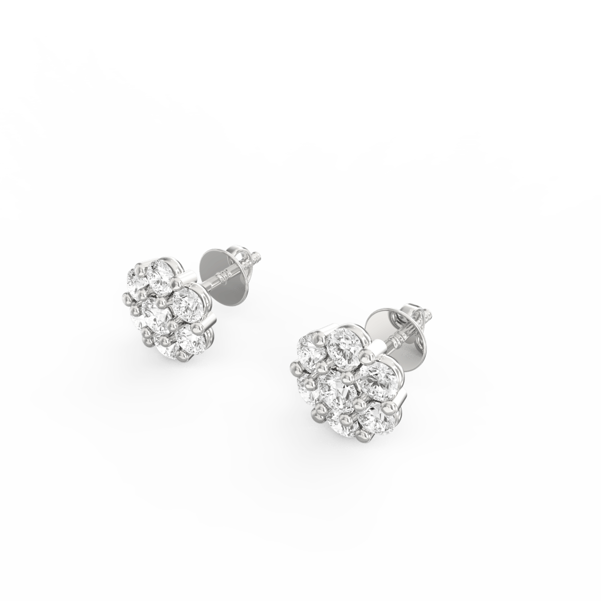 Angled view of white gold diamond shimmer studs with clean round layout.
