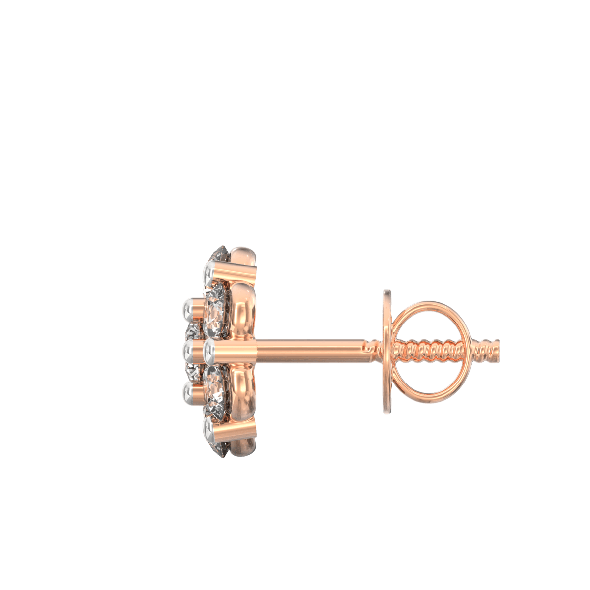 Side shot highlighting rose gold shimmer setting and sturdy push-back clasp.
