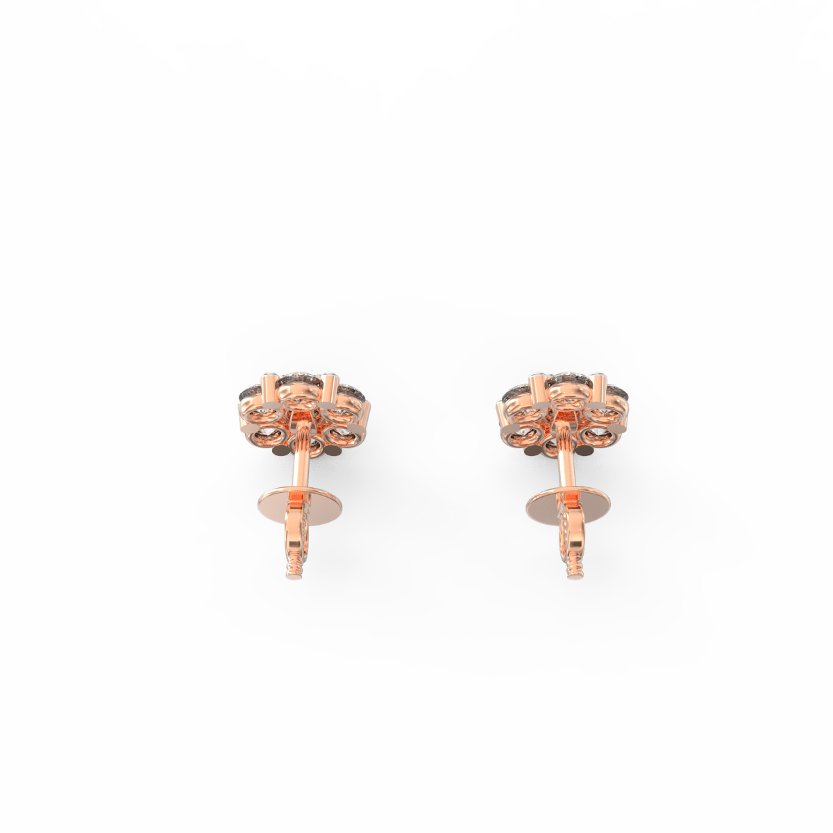Top perspective of rose gold shimmering studs set with certified lab grown diamonds.

