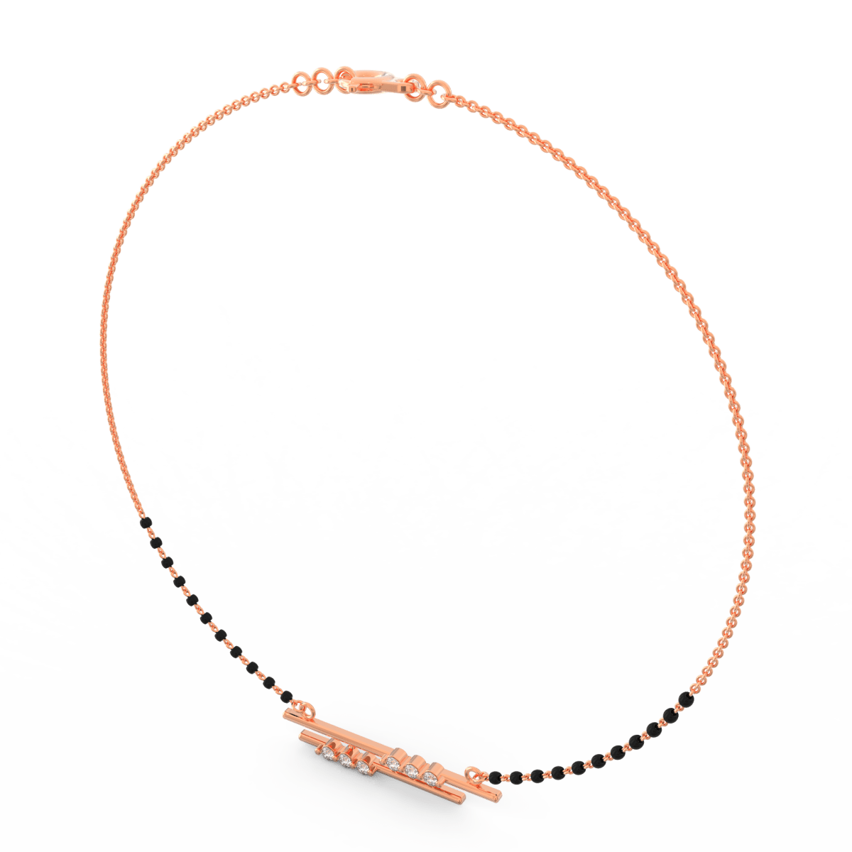 Angled view of rose gold mangalsutra featuring polished cluster diamond setting and beaded gold chain.
