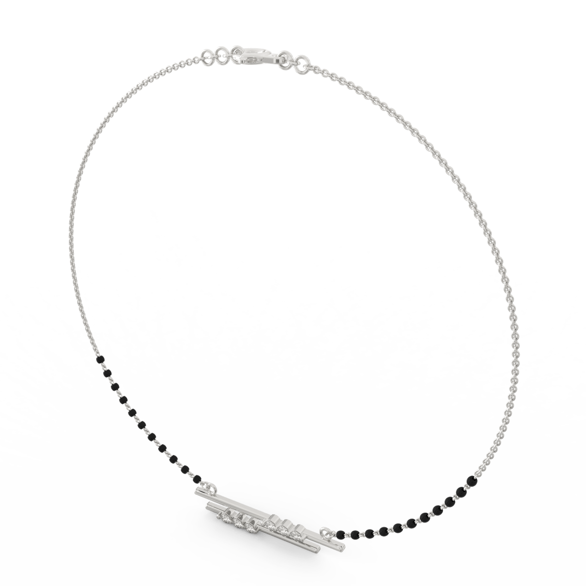 Angled view of white gold mangalsutra showcasing cluster diamonds and sleek beaded chain design.
