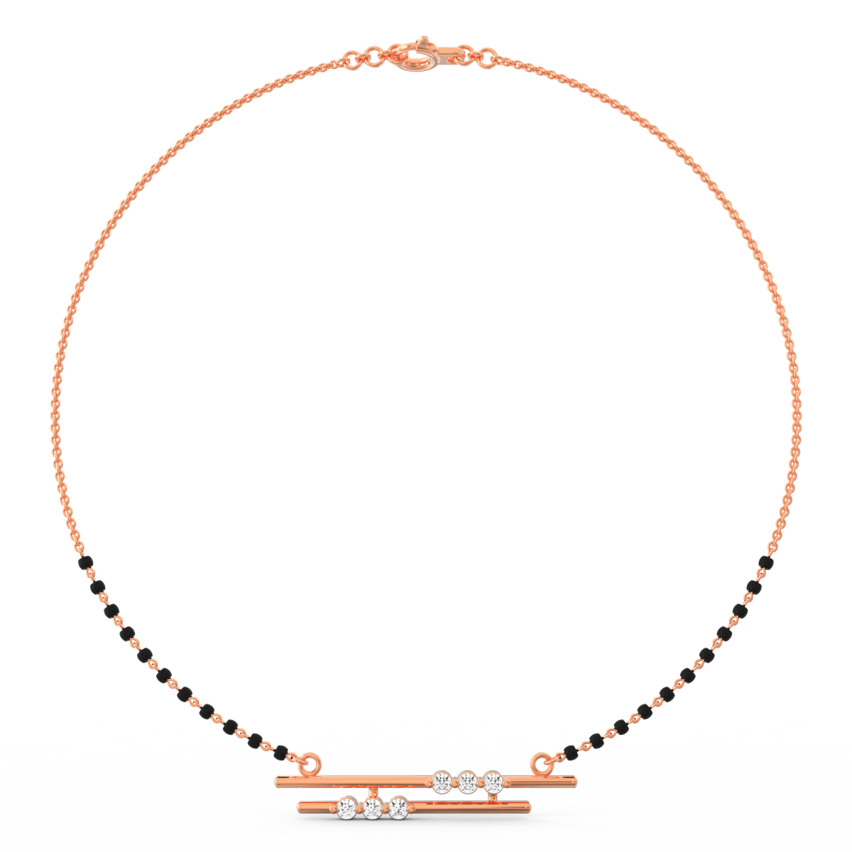 Top view of rose gold mangalsutra highlighting diamond cluster centerpiece on polished chain design.
