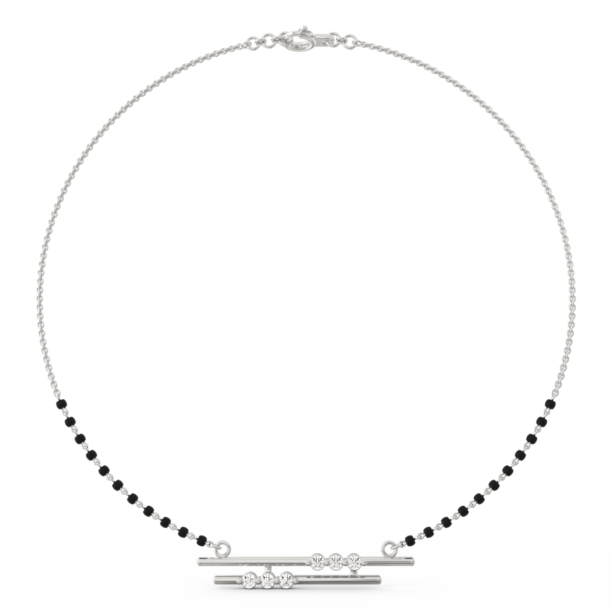 Top view of white gold mangalsutra highlighting central diamond cluster and smooth chain layout.
