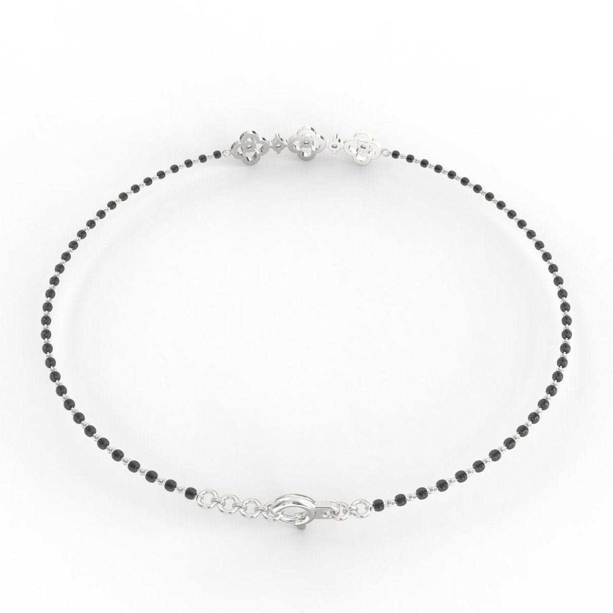 White Gold: Back view of Obsidian Glamour white gold mangalsutra bracelet highlighting secure lock mechanism and alternating diamonds with black beads on BIS Hallmarked white gold.

