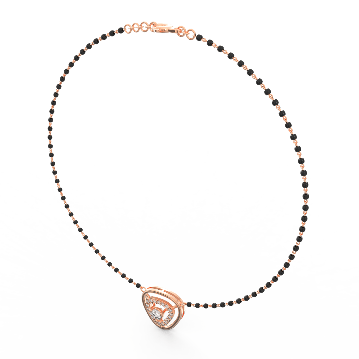 Angled view of rose gold mangalsutra showcasing balanced diamond cluster and traditional dual-bead chain.
