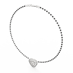 Angled view of white gold mangalsutra featuring polished diamond cluster pendant and dual-bead chain.
