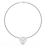 Top view of white gold mangalsutra highlighting cluster diamond pendant and elegant polished chain.
