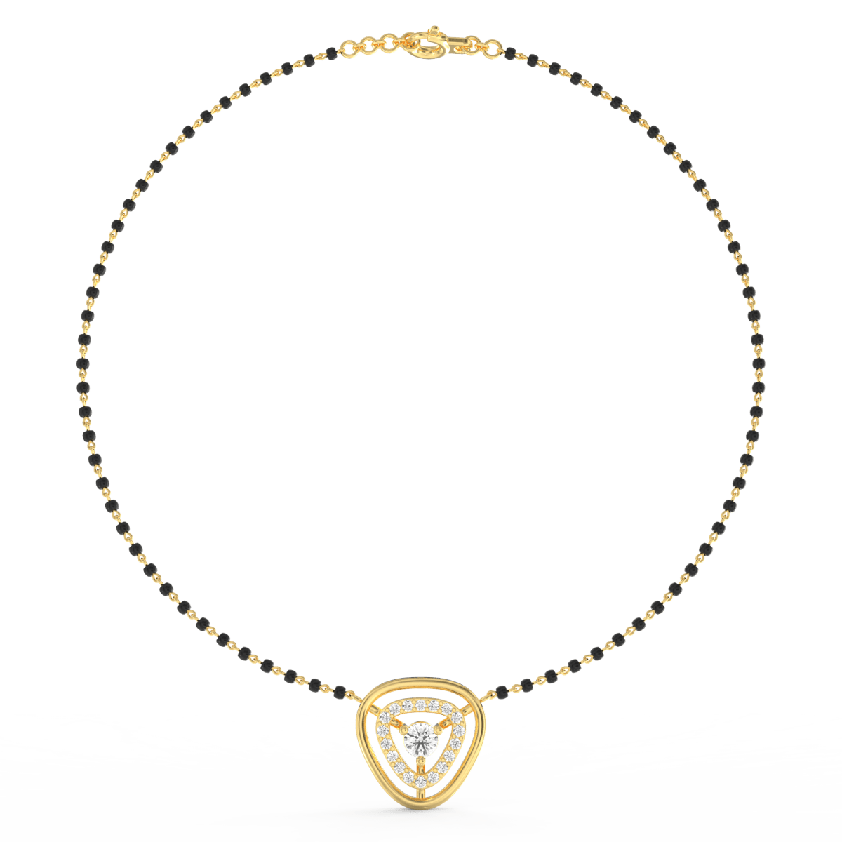 Top view of yellow gold Opulent Essence mangalsutra highlighting lab grown diamond arrangement and polished chain.
