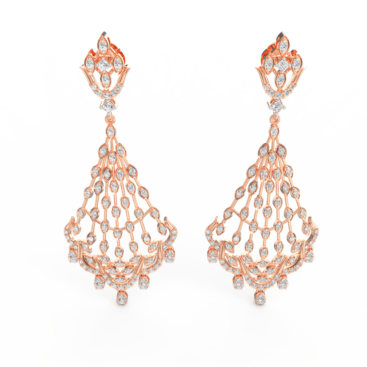 Front view of Opulent Radiance rose gold diamond drop earrings with smooth lines and shimmering lab grown diamonds.
