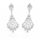Angled view of white gold drop earrings showcasing clean curves and sparkling lab grown diamonds.
