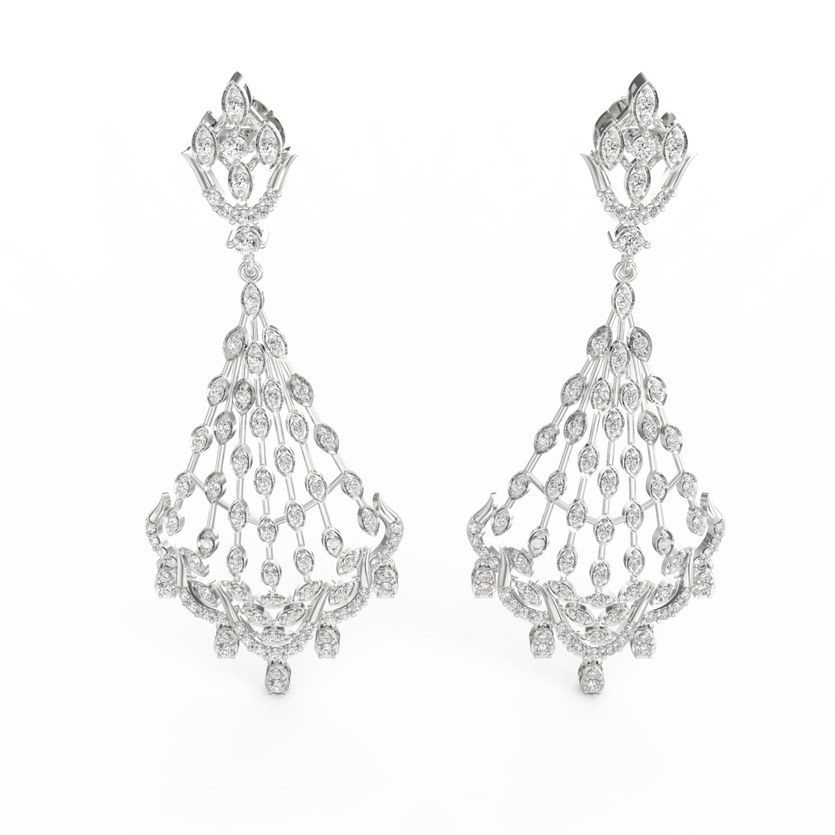 Angled view of white gold drop earrings showcasing clean curves and sparkling lab grown diamonds.
