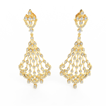 Angled view of yellow gold drop earrings featuring flowing shape and sparkling lab grown diamonds.
