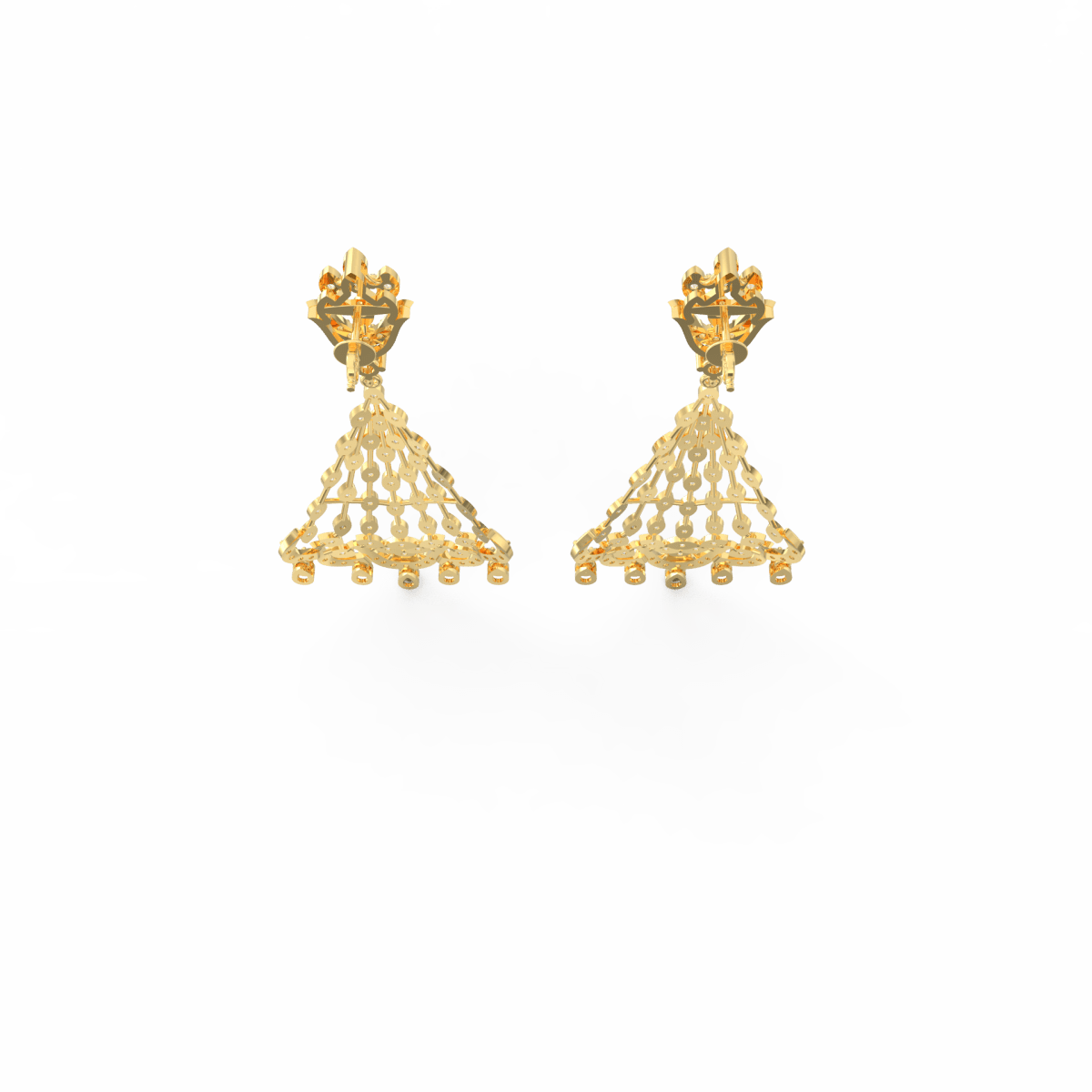 Top view showing yellow gold drop design with perfectly aligned lab grown diamonds.

