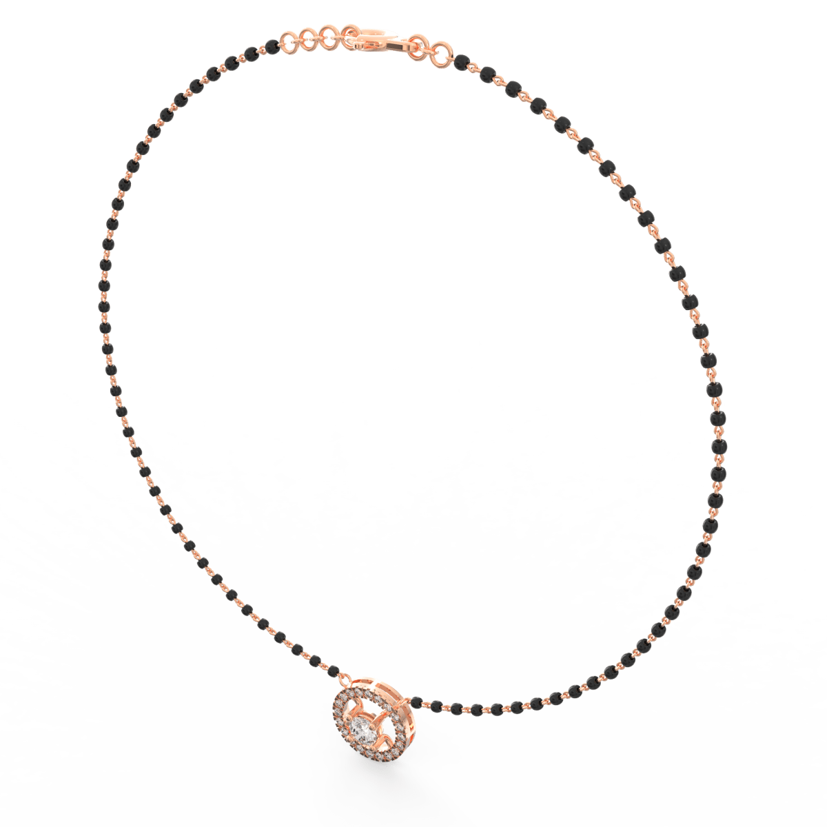 Angled view of rose gold mangalsutra showcasing radiant diamond arc design with soft feminine finish.
