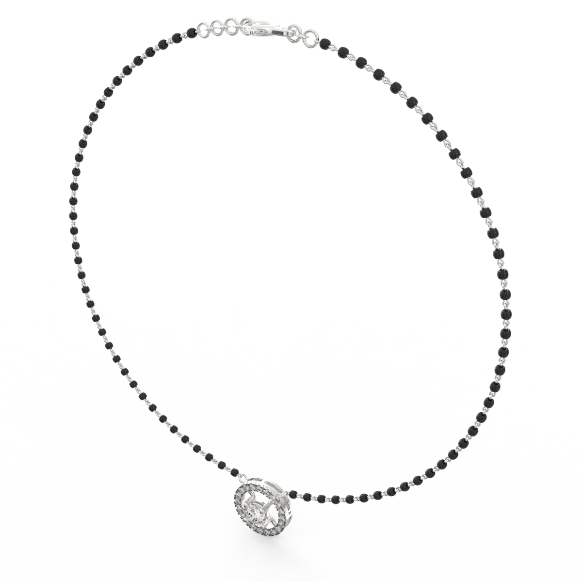 Angled view of white gold mangalsutra showcasing polished diamond arc and delicate chain for minimal elegance.

