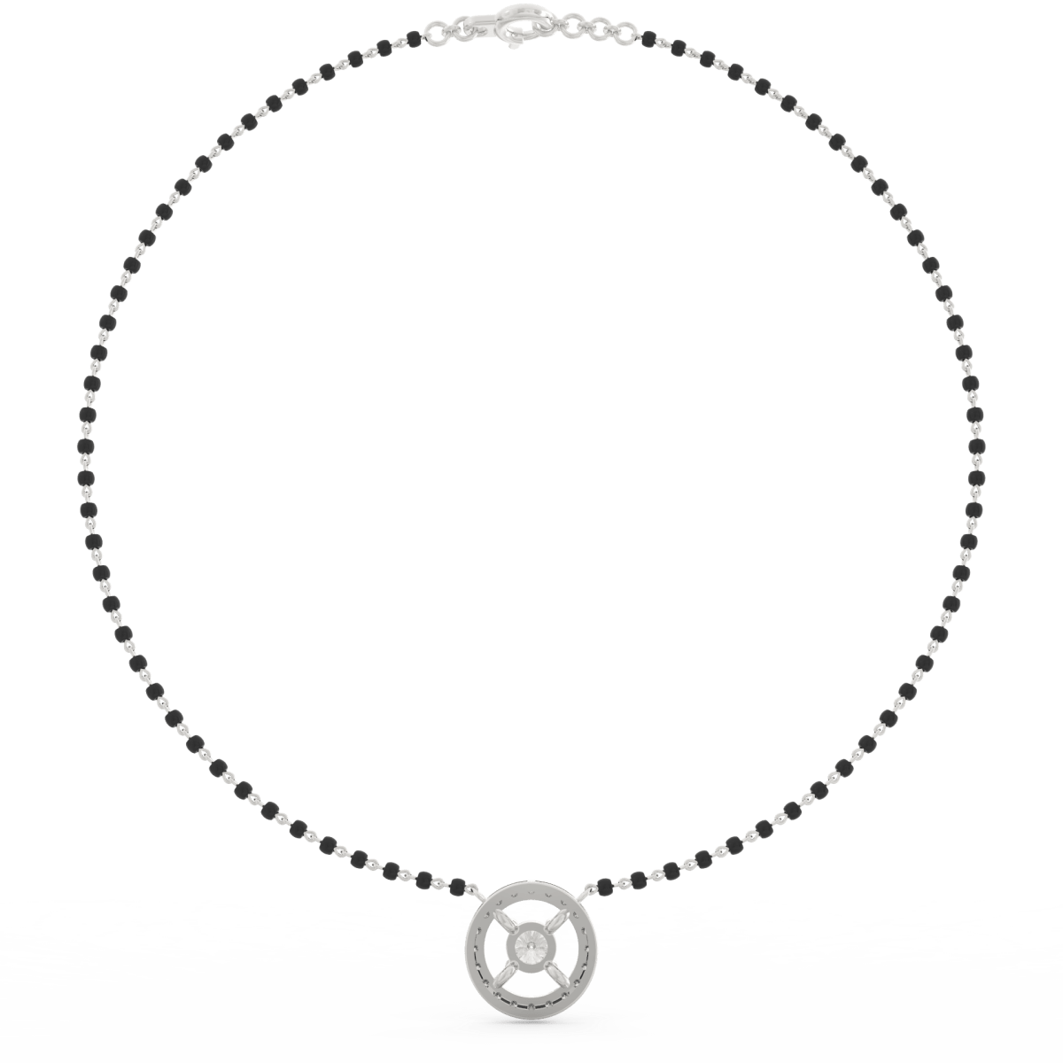 Side profile of white gold Radiant Serenity mangalsutra with lab grown diamond arc, BIS Hallmarked gold, and secure clasp.
