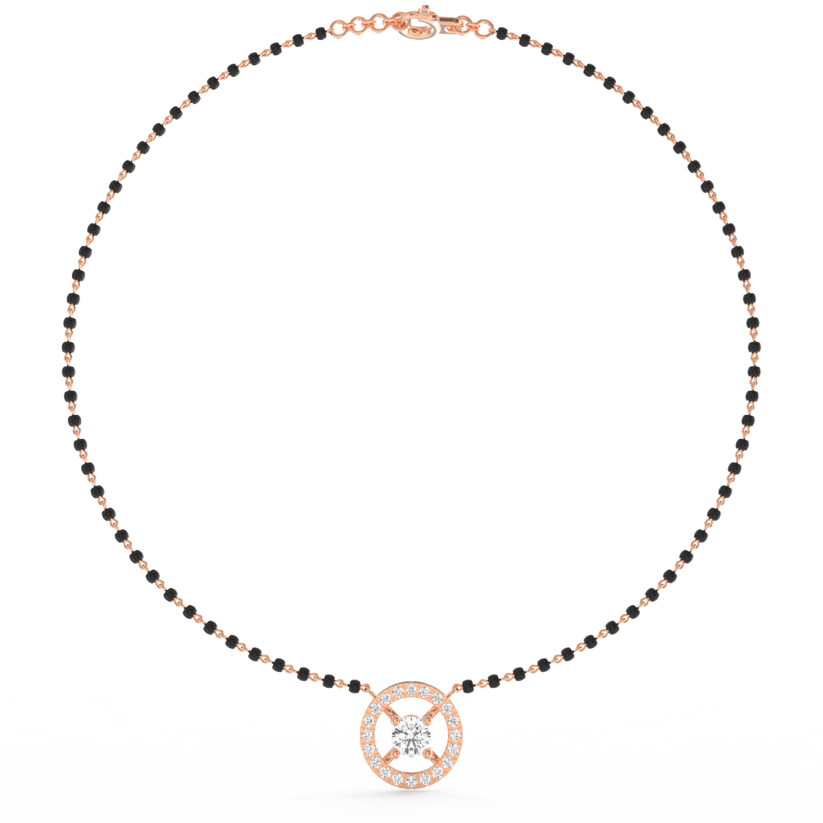 Top view of rose gold mangalsutra highlighting diamond arc setting and smooth black bead chain integration.
