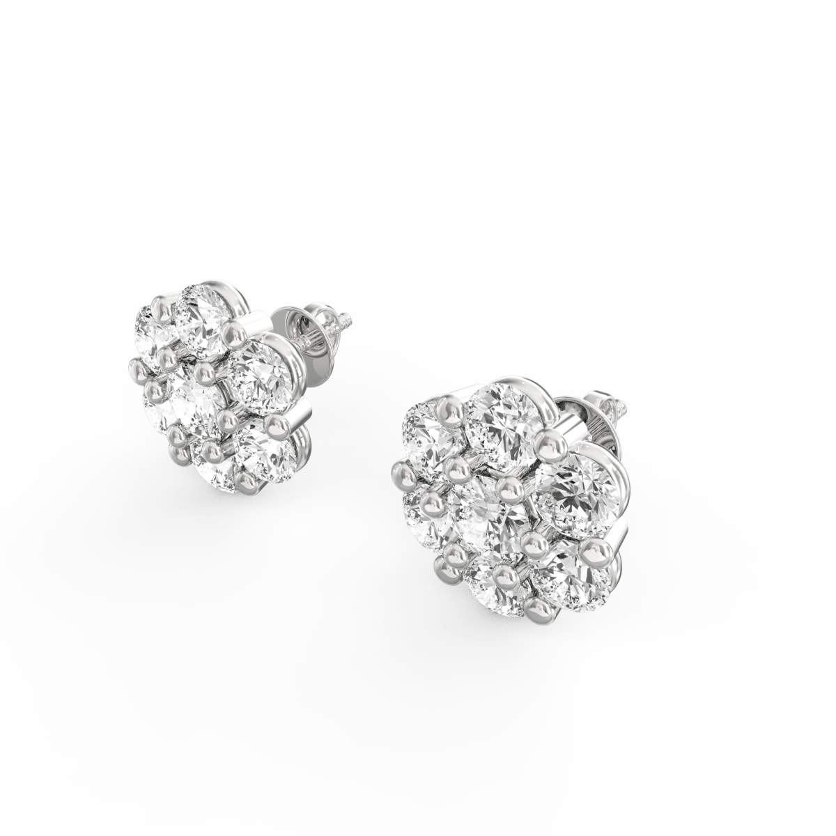 Angled view of white gold shimmering diamond studs crafted for daily polish.
