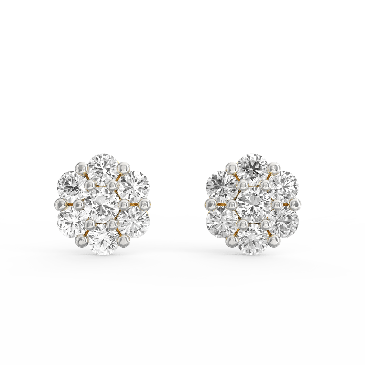 Yellow gold diamond studs with round design and soft shimmer featuring SGL certified lab grown diamonds.
