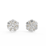 Yellow gold diamond studs with round design and soft shimmer featuring SGL certified lab grown diamonds.
