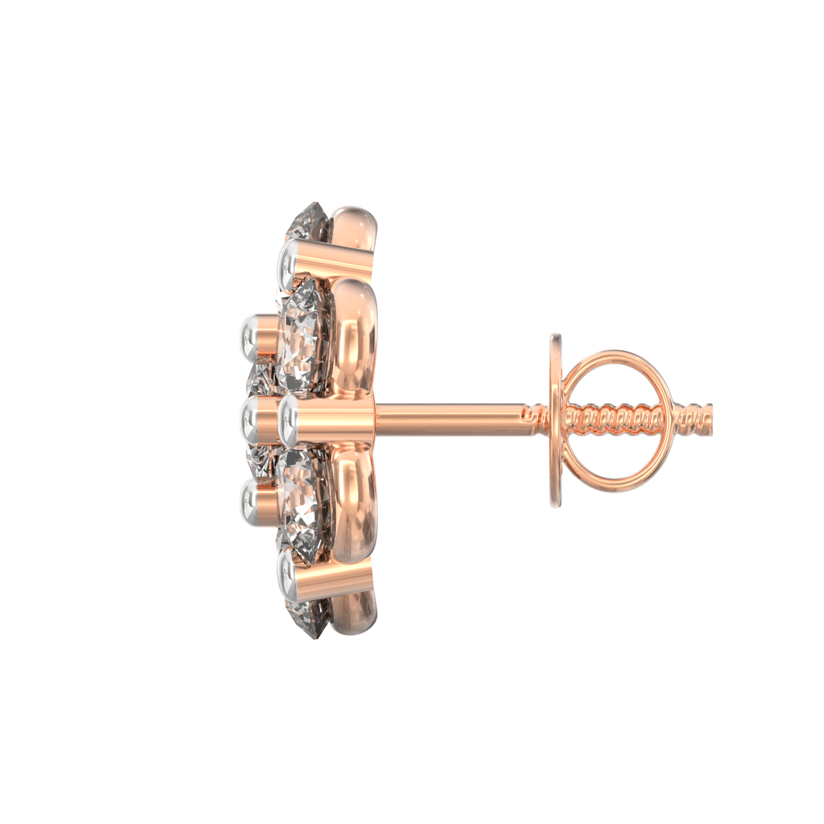 Side view of rose gold diamond earrings with polished finish and secure push-back closure.
