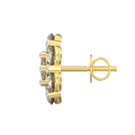 Side profile of yellow gold studs with push-back clasp and delicate shimmering surface.
